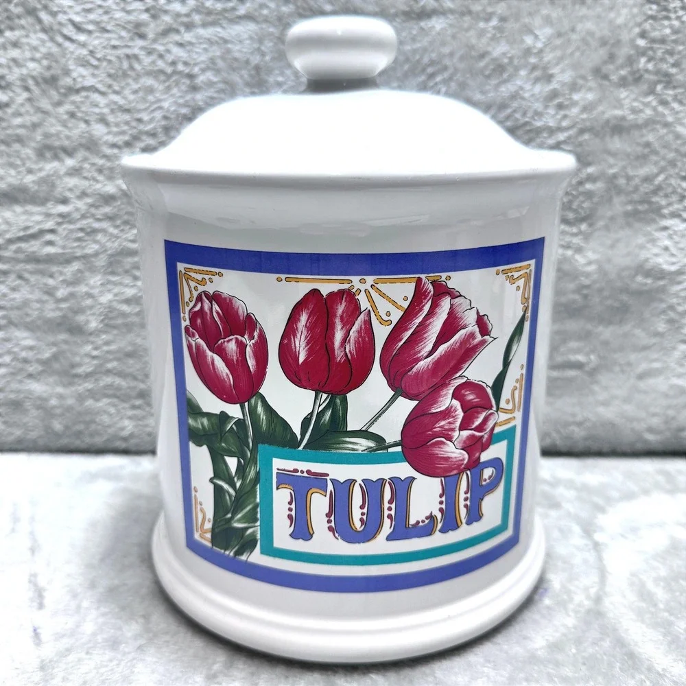 Vintage FWC The Cooks Bazaar Tulip Ceramic Kitchen Canister Jar with‎ Lid White